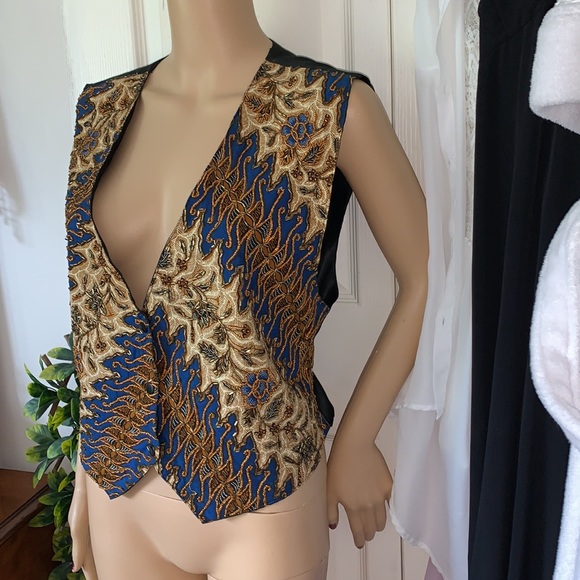 Vintage 80s beaded sleeveless black satin fancy VEST jacket L - Picture 2 of 16